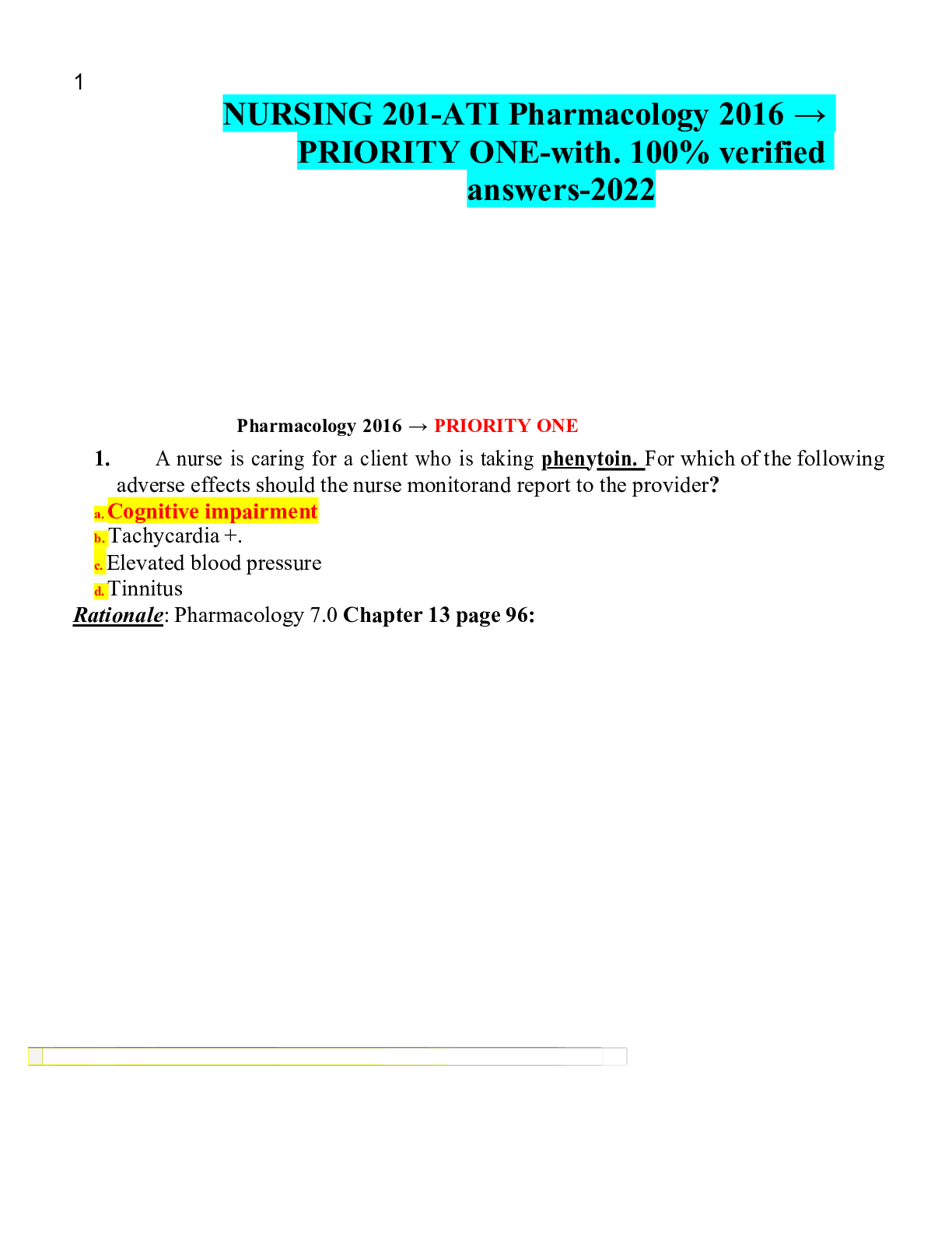Preview of NURSING 201-ATI Pharmacology 2016 → PRIORITY ONE-with. 100% verified answers-2022